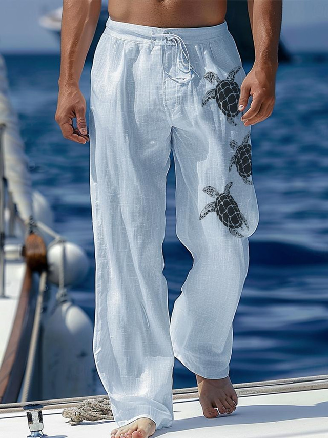 Men's Linen Pants Trousers Summer Pants Beach Pants Drawstring Elastic Waist Print Graphic Comfort Daily Vacation Beach 20% Linen Vacation Fashion Blue Green