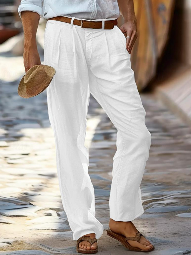  Men's Linen Pants Trousers Summer Pants Front Pocket Pleats Straight Leg Plain Comfort Breathable Casual Daily Holiday Fashion Basic White Green