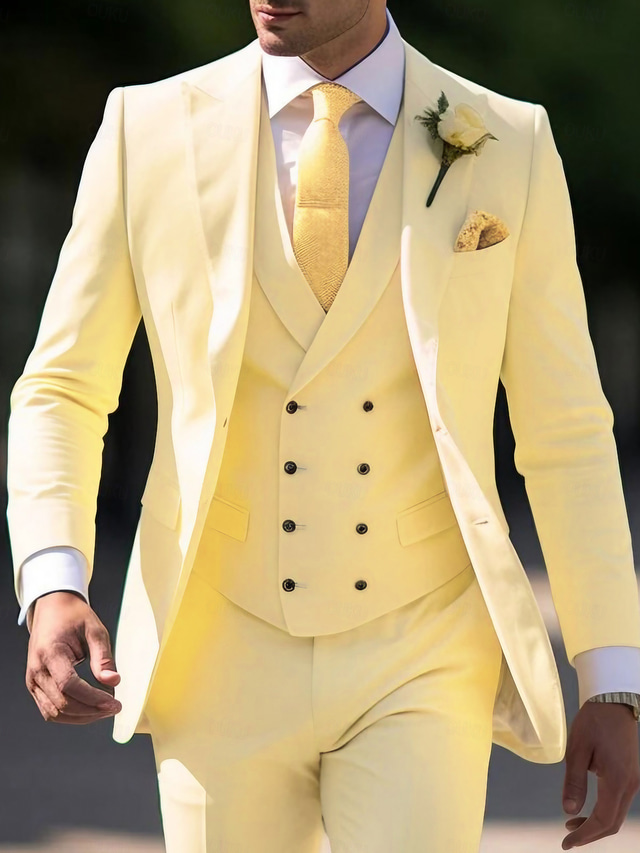  Light Yellow Men's Wedding Suits 3 Piece Solid Colored Slim Fit Single Breasted Two-buttons 2024