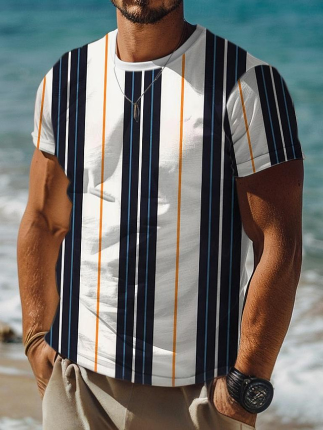  camiseta masculina colorida férias x designer Kris com estampa listrada, gola redonda, manga curta