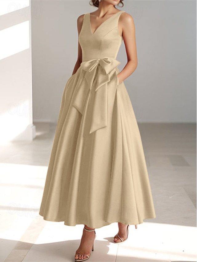  Robe cocktail en A pour mariage à la plage élégante invitée de mariage Kentucky longueur thé sans manches col en V avec poches satinées et nœud(x) robes