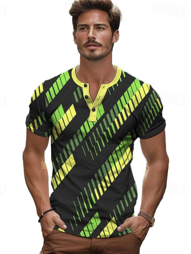  camiseta masculina colorida férias x designer kris com bloqueio de cores geométricas henley manga curta com botões
