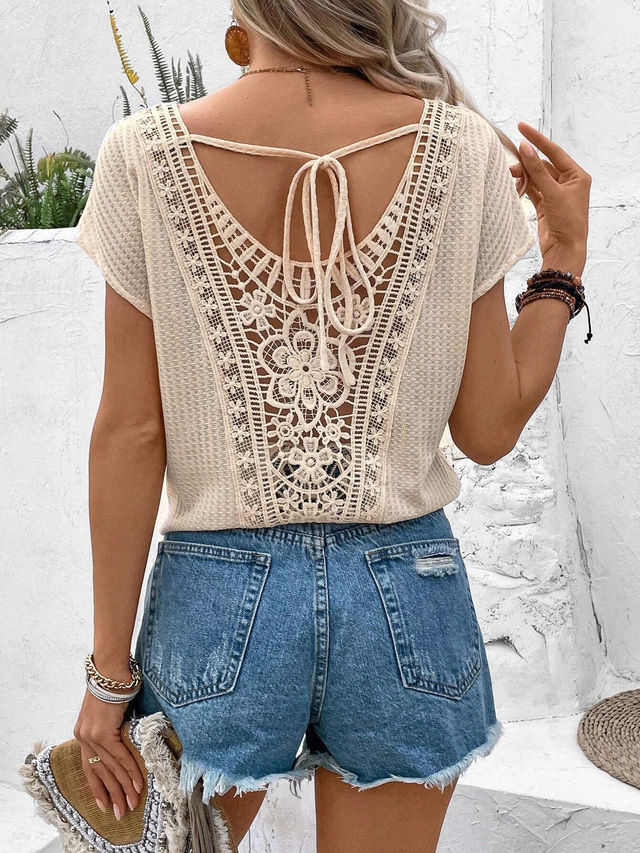  Women's White Elegant Lace Tops Eyelet Blouse Dressy Tops Bohemia Casual Short Sleeve V Neck Lace Romantic Petite Tops Summer Holiday Wear White Summer