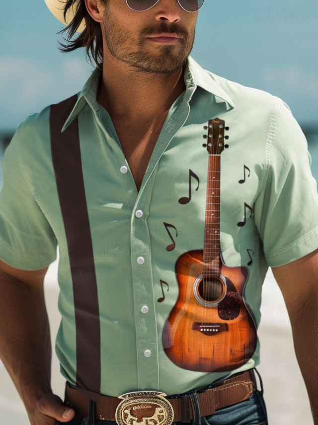  Guitarra Vintage Recorrer Homens Camisa Social Ao ar livre Verão Primavera Colarinho Manga Curta Verde S, M, L Poliéster Camisa