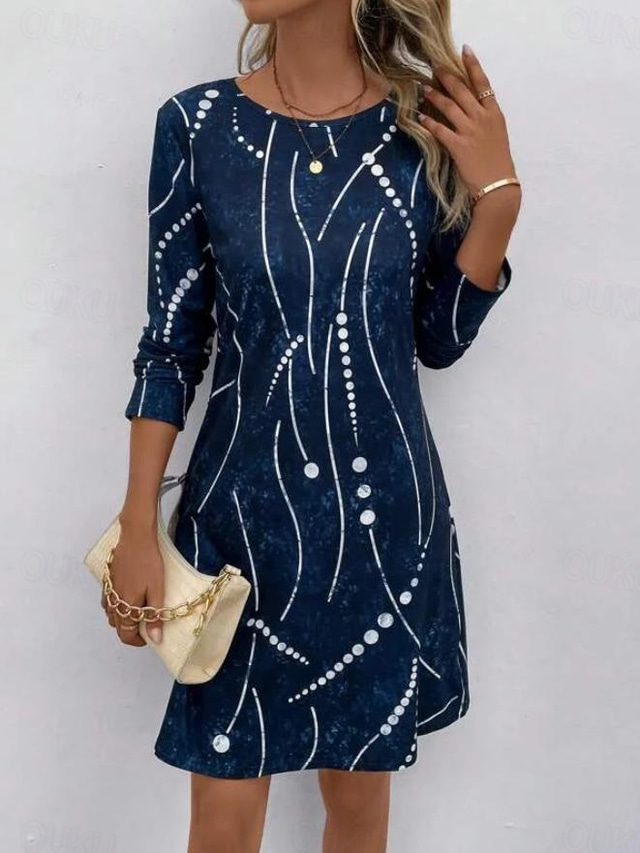  Women's Dress Round Neckline Abstract Beaded Constellation Pattern A-Line Three Quarter Sleeve Velvet Texture Navy Blue Casual to Formal Occasions