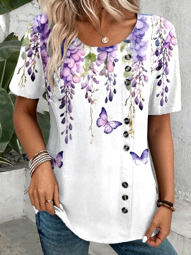  Kvinnors Skjorta Ombre Blommig Fjäder Daglig Linne Avslappnad Korta Ärmar Rund Hals Regular Tops Semester Daglig Patchwork Lila Sommar Vår