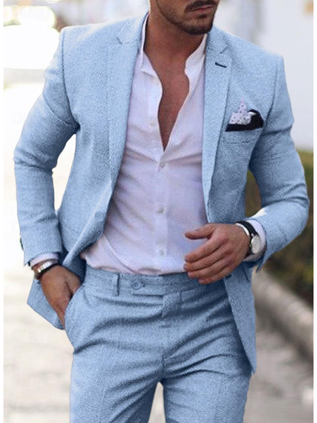 Trajes de lino azul claro para hombre, trajes de boda de playa de verano, 2 piezas de color sólido, ajuste a medida, un solo pecho, dos botones 2023