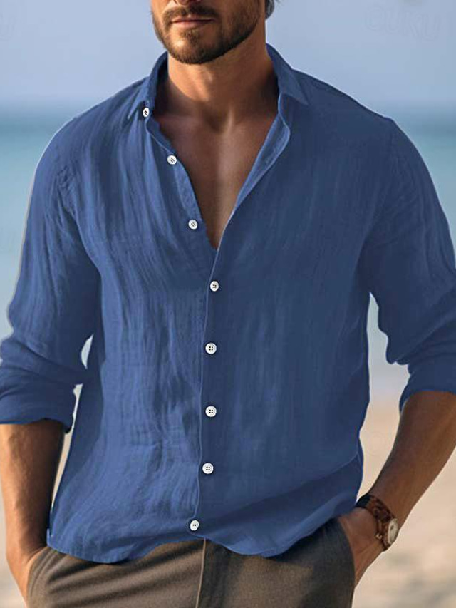  Herre Skjorte linned skjorte Button Up skjorte Sommer skjorte Strandtrøje Gul Navyblå Lilla Langærmet Vanlig Aftæpning Forår sommer Afslappet Daglig Tøj