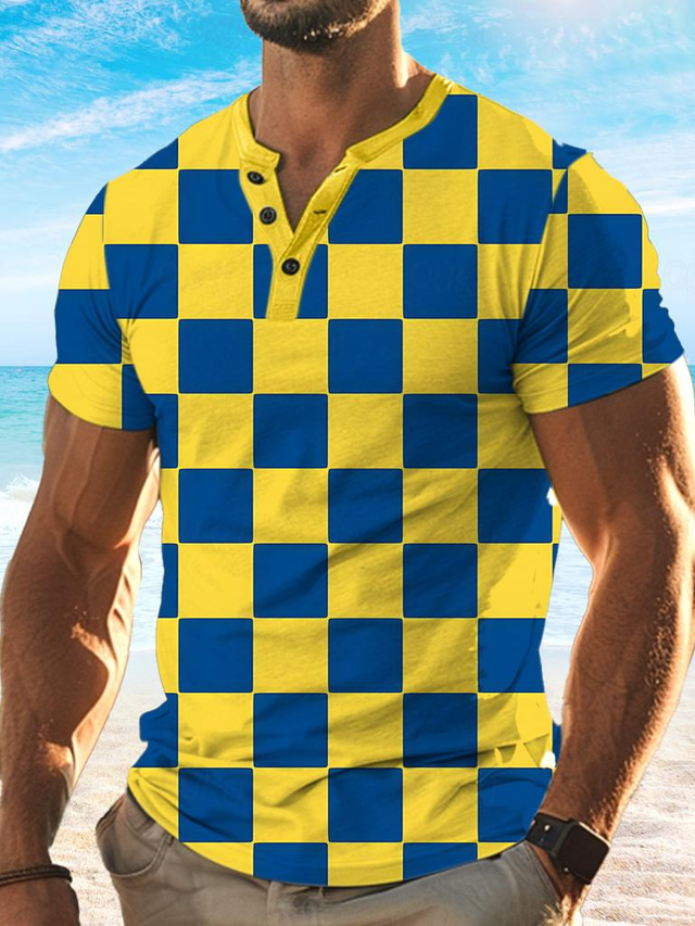  camiseta masculina colorida férias x designer Kris com estampa xadrez Henley manga curta com botões