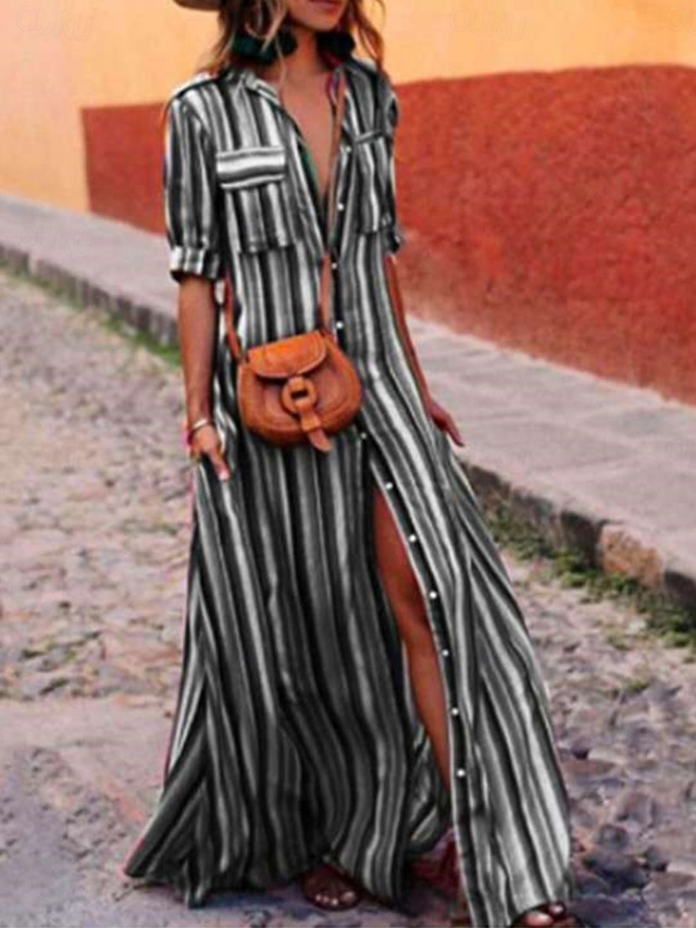  Women's Shirt Dress Boho Chic Dresses Maxi long Dress Vacation Beach Bohemia Shirt Collar Button Pocket Half Sleeve Summer Spring Loose Fit Striped