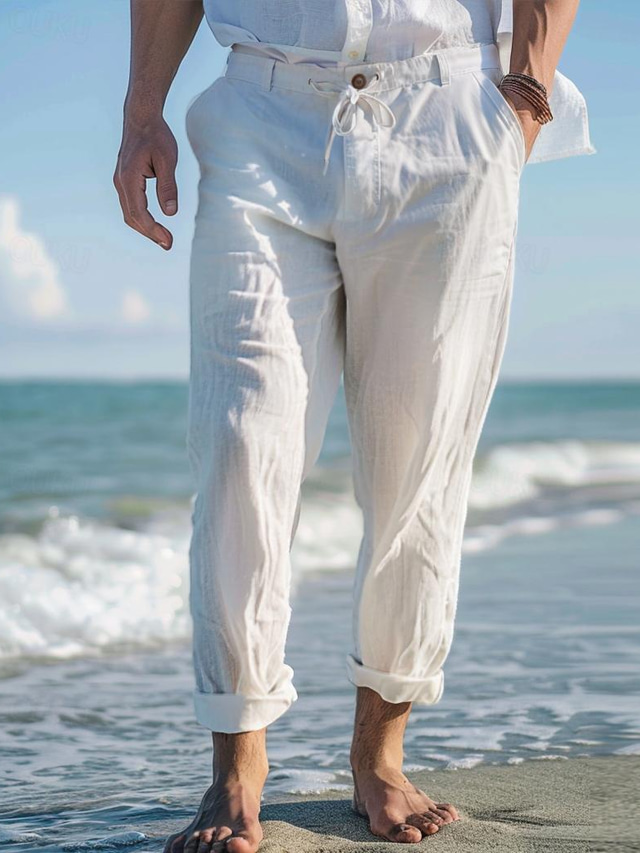  Ανδρικά Λευκά παντελόνια Παντελόνια Καλοκαίρι παντελόνι Παντελόνι παραλίας Μπροστινή τσέπη Ισιο πόδι Σκέτο Άνεση Αναπνέει Causal Καθημερινά Αργίες Μοντέρνα Βασικό Λευκό Ουρανί