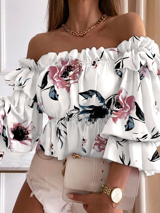  Women's Shirt Blouse Casual Floral Ruffle Print Puff Sleeve Long Sleeve Regular Tops Off Shoulder Vacation Going out White Yellow Pink Red Purple Spring & Summer