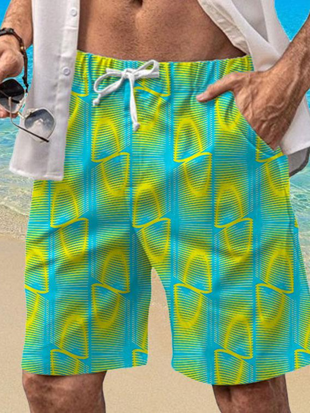  shorts havaianos coloridos com estampa geométrica masculina férias x designer kris com cordão e forro de malha