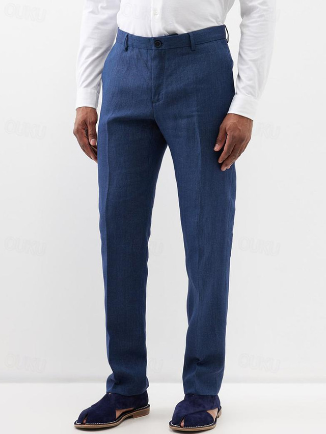  Men's Linen Pants Trousers Summer Pants Beach Pants Straight Leg Plain Comfort Outdoor Casual Daily Streetwear Stylish White Navy Blue