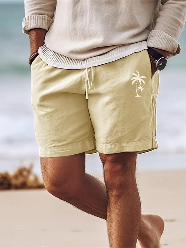  shorts de algodão masculino shorts de verão shorts de praia impressão cordão cintura elástica coqueiro conforto respirável curto férias ao ar livre saindo mistura de algodão havaiano casual exército