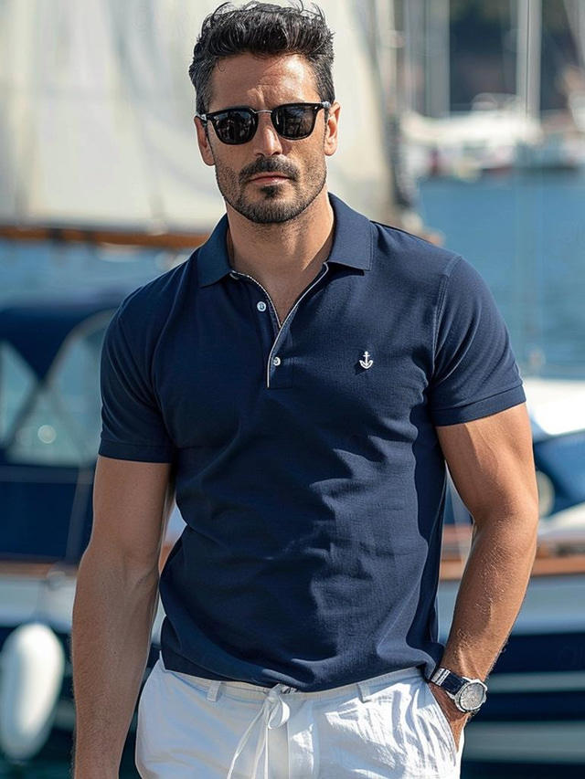  Men's Polo Knit Polo Sweater Casual Sports Turndown Short Sleeve Fashion Comfortable Solid Color Quilted Summer Regular Fit Dark Blue Polo