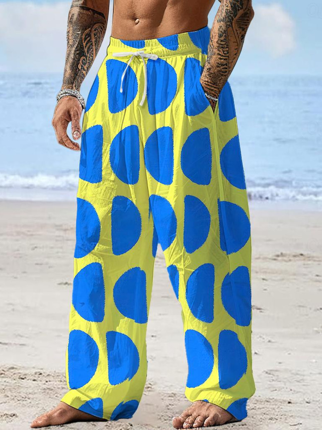  Colorful Holiday X Designer Kris Men's Geometric Color Blocking Pants Elastic Drawstring Straight-Leg Trousers