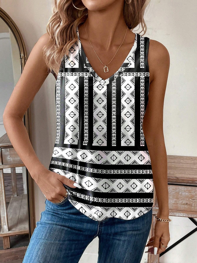 Women's Camisole Tank Top Vest Vintage Ethnic Boho Geometric Print Sleeveless Regular Tops V Neck Vacation Black Summer