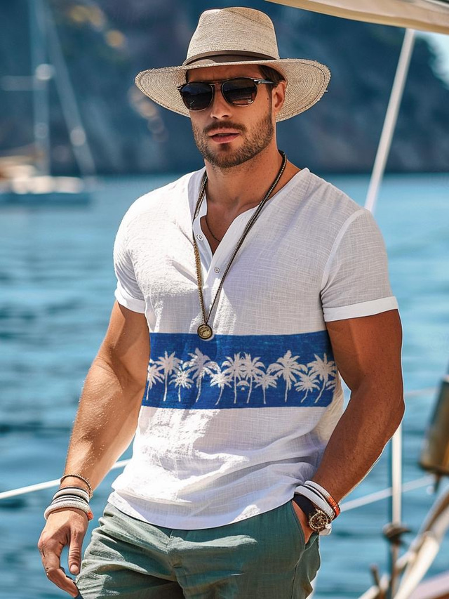  Men's Graphic Henley Shirt Fashion Outdoor Casual Tee Top Street Casual Daily T shirt White Short Sleeve Henley Shirt Spring & Summer Clothing Apparel
