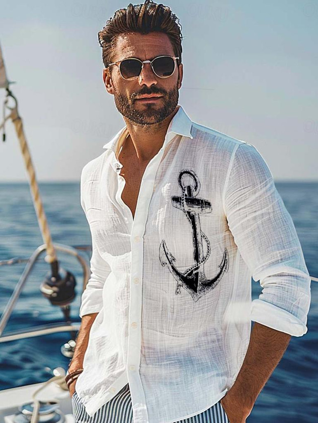  herr linneskjorta grafisk hawaiisk skjorta mode casual button up skjorta daglig hawaiiansk semester vår & höst lapel långärmad vit 55% linne 45% bomull skjorta