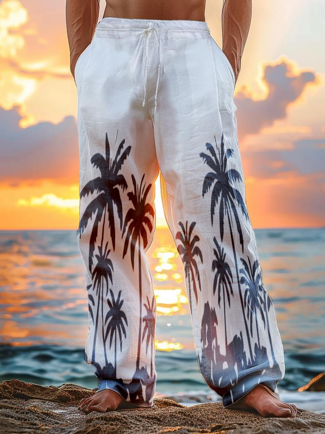  Men's Linen Pants Drawstring 3D Print Leaf Lightweight Soft Full Length Outdoor Casual Daily Vacation Holiday Loose Fit White High Waist Micro-elastic