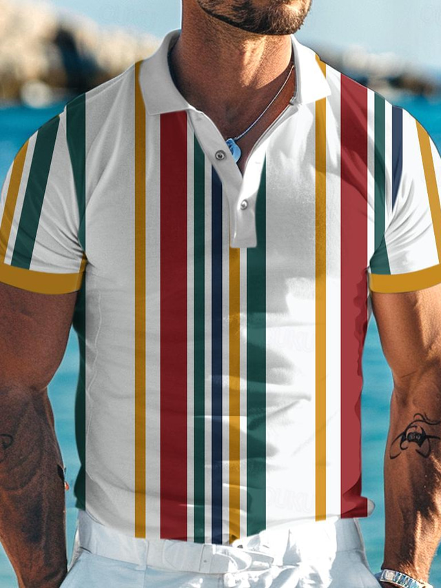  Colorful Holiday X Designer Kris Men's Stripe Printed Polo Shirt Short Sleeve Turndown Polo