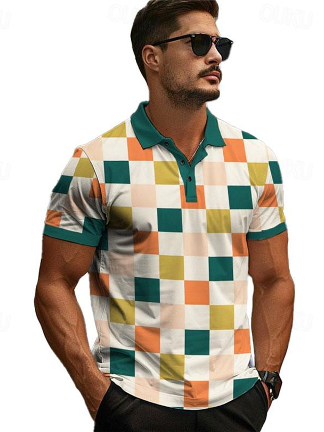  Colorful Holiday X Designer Kris Men's Plaid Printed Short Sleeve Polo Shirts