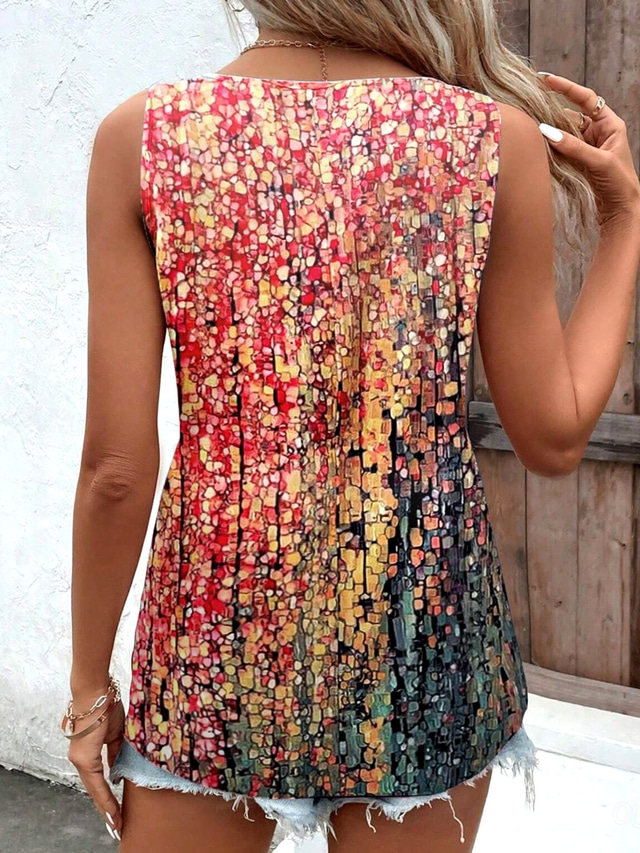  Women's Camisole Tank Top Mosaic Stained Glass Print Sleeveless V-Neck Summer Casual Beach Multi-Color Red Blue Green Flowy Relaxed Fit Clothing Apparel