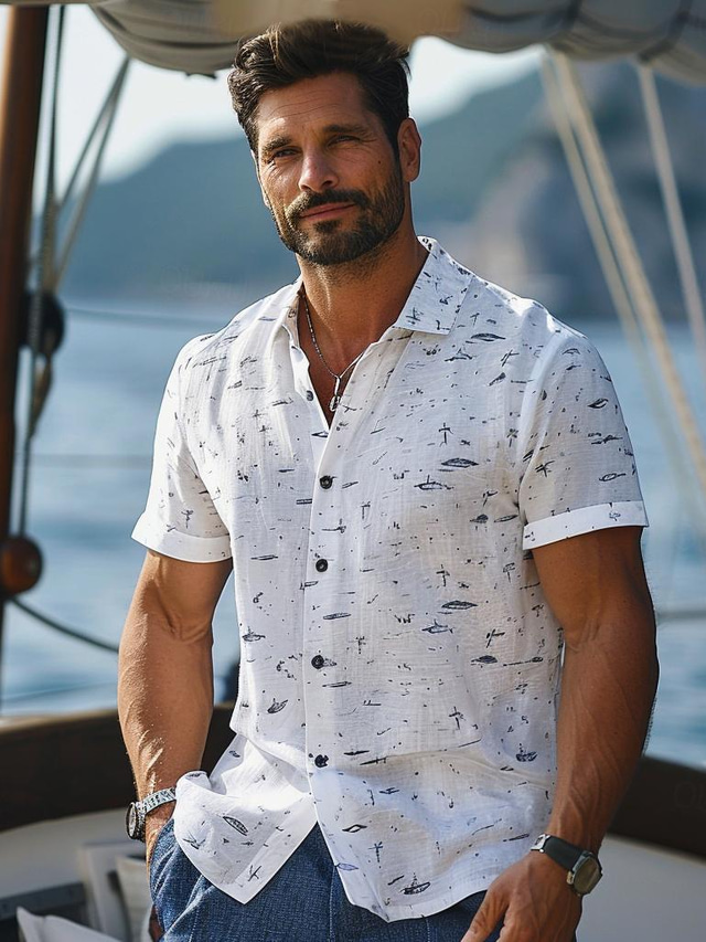  Men's Casual Shirt Printed Shirts Solid Color Comfortable Business Casual Sports & Outdoor Casual Daily Summer Turndown Short Sleeve White