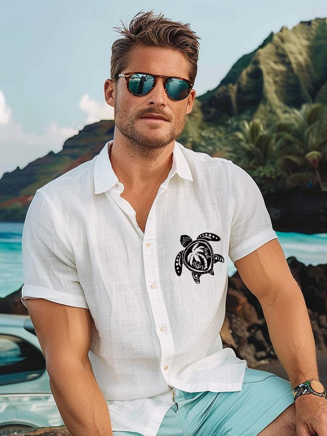  heren casual overhemd strandoverhemd schildpad Hawaiiaans comfortabel overhemd causaal casual dagelijks zomer turndown overhemdkraag korte mouw wit linnen overhemd van katoenmix