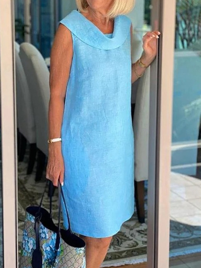  Femmes Noir Jaune Bleu Roi Été Printemps Robe Longueur Genou Robes inspirées du lin Robe noire Robe Décontractée Basique Moderne Quotidien Week-end Coupe Ample Uni Col ras du cou