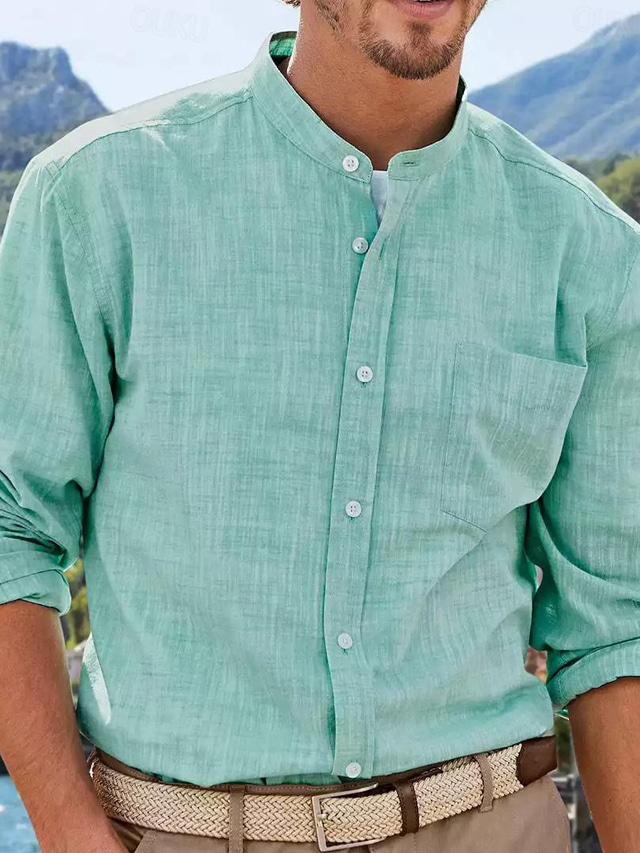  Men's Shirt Button Up Shirt Casual Shirt Oxford Shirt White Blue Green Long Sleeve Plain Band Collar Daily Vacation Splice Clothing Apparel Fashion Casual