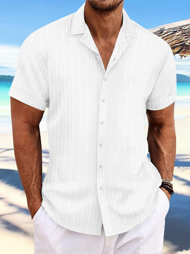  Homens Camisa Social camisa de botão Camisa casual camisa de verão camisa de praia Preto Branco Azul Marinha Azul Caqui Manga Curta Riscas Lapela Diário Férias Roupa Moda Casual Confortável