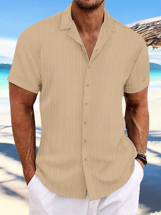  Men's Shirt Summer Shirt Beach Wear Button Up Shirt Casual Shirt Black White Navy Blue Blue khaki Short Sleeve Stripes Lapel Daily Vacation Clothing Apparel Fashion Casual Comfortable