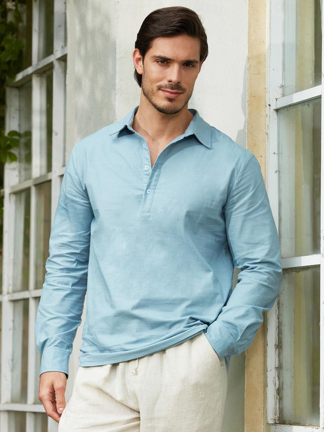  mænds 55% linned skjorte hør skjorte sommer skjorte strand skjorte blå kaki langærmet ensfarvet revers forår & sommer afslappet dagligt tøj beklædning