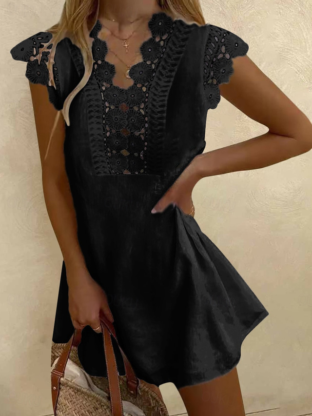  Women's White Dress Lace Dress Sundress Mini Dress Lace Basic Casual Daily V Neck Sleeveless Summer Spring Black White Plain