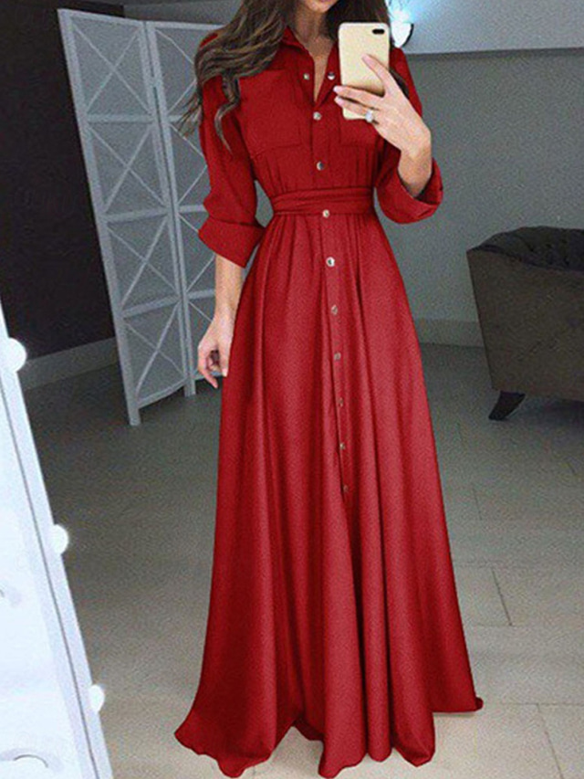  Women's White Dress Maxi Dress Lace up Button Date Vacation Streetwear Maxi Stand Collar Long Sleeve Black White Red Color