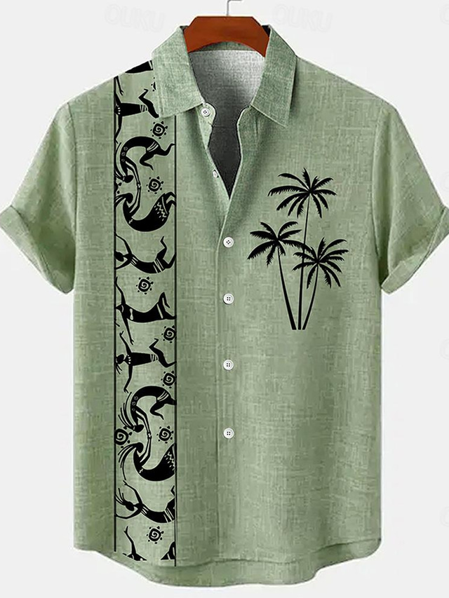  Men's Recycled Fiber 20%Linen+20%Cellulose+60%Polyester Linen Shirt Coconut Tree Graphic Prints Print Short Sleeve Stand Collar Blue, Brown, Green Shirt Outdoor Street Casual