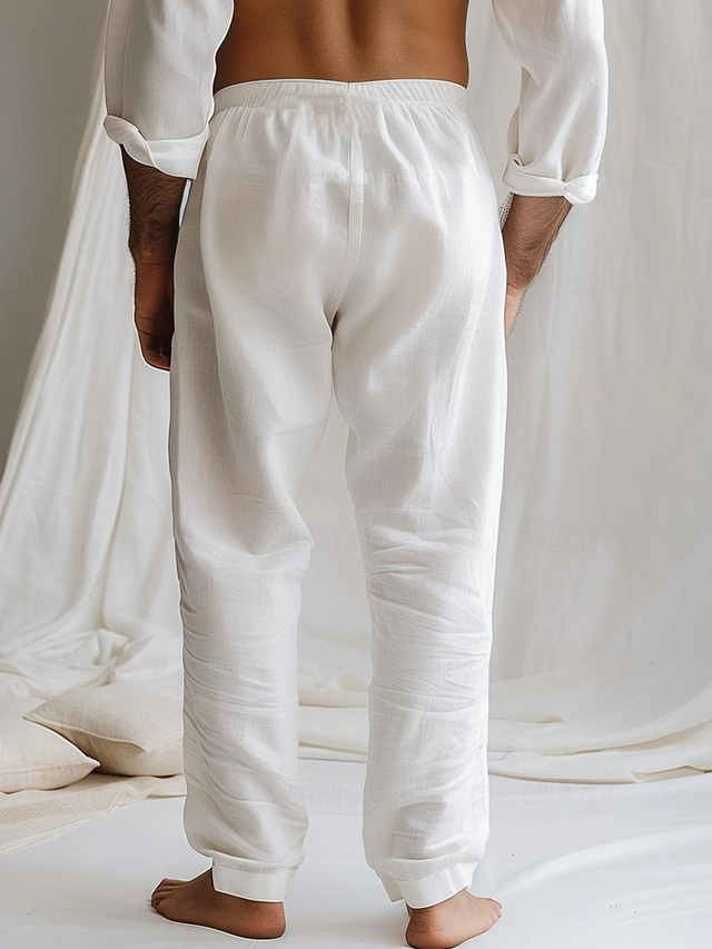 Men's Linen Pants Trousers Summer Pants Drawstring Elastic Waist Plain ...