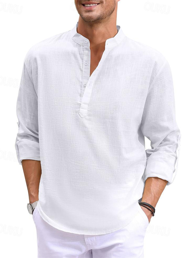  Homme Chemise Chemise Lin Chemise à enfiler Chemisette Chemise d'été Tenues de plage Chemise à col officier Noir Blanche Bleu manche longue Plein Col Mao Printemps été Casual du quotidien Vêtement