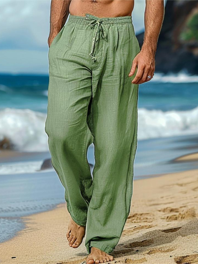 Męskie Lniane spodnie Kieszeń Ściągana na sznurek Jednokolorowe Odporność na wiatr Oddychający Pełna długość Na zewnątrz Codzienny Święto Urlop Moda Niebieski Zielony Średnio elastyczny