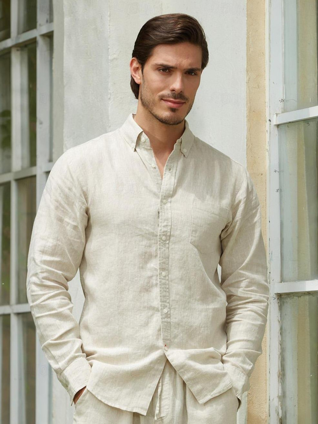  Hombre Camisa camisa de lino Camisa de lino de algodón Caqui Manga Larga Color sólido Cuello Vuelto Verano Primavera Exterior Casual Ropa Botón