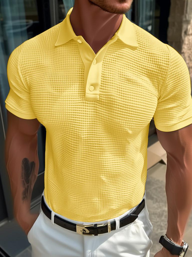  Men's Polo Shirt Waffle Polo Shirt Casual Holiday Lapel Ribbed Polo Collar Short Sleeve Fashion Basic Plain Button Soft Summer Spring Regular Fit Sillver Gray Light Yellow milk white Dark red Green
