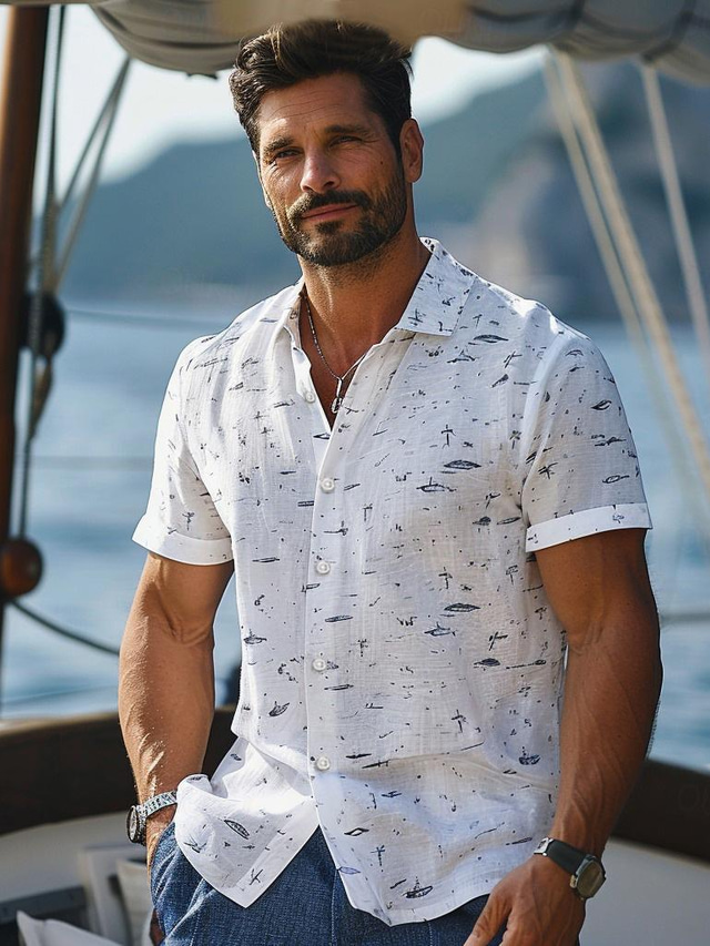  Men's Casual Shirt Printed Shirts Solid Color Comfortable Business Casual Sports & Outdoor Casual Daily Summer Turndown Short Sleeve White