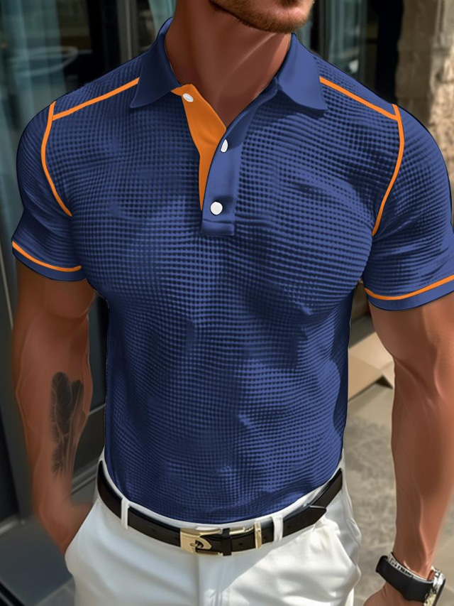  Men's Business Polo Golf Polo Sports Fitness Lapel Ribbed Polo Collar Short Sleeve Basic Modern Color Block Patchwork Button Spring & Summer Regular Fit milk white Army Green Lake blue Business Polo