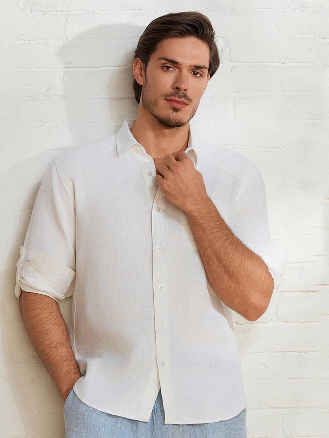  Men's Shirt Linen Shirt White Long Sleeve Solid Color Turndown Summer Causal Casual Clothing Apparel Button