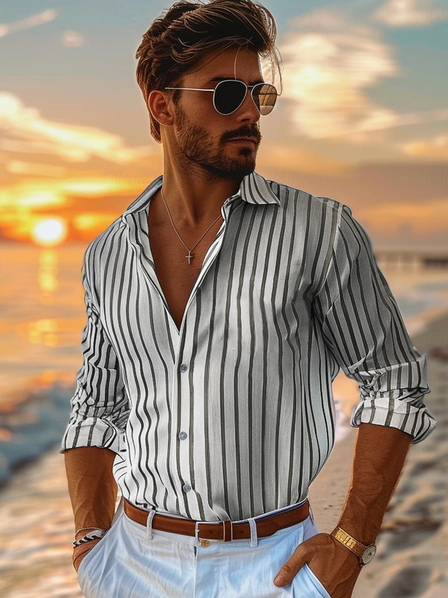  Men's 100% Cotton Shirt Summer Shirt Button Up Shirt Casual Shirt Black Blue Long Sleeve Stripes Lapel Daily Wear Vacation Clothing Apparel Cotton Fashion Hawaiian Casual