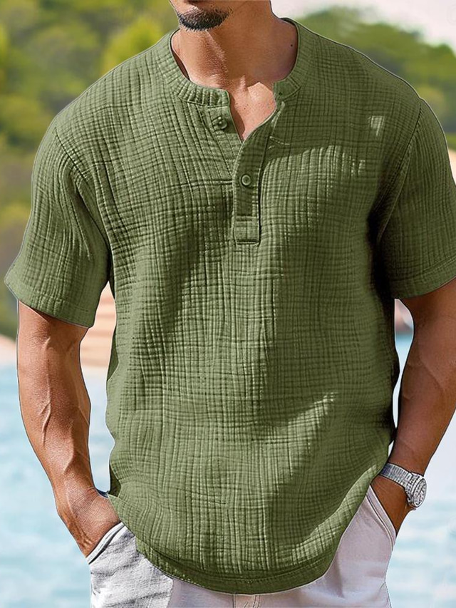  Men's Shirt Popover Shirt Casual Shirt Summer Shirt Brown Green khaki Short Sleeve Plain Band Collar Daily Vacation Clothing Apparel Fashion Casual Comfortable