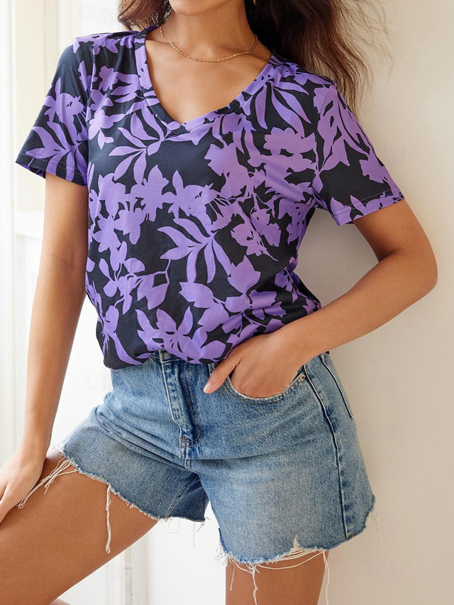  Women's T Shirt Floral Fashion Short Sleeve V Neck Regular Tops Vacation Daily Print Purple Summer