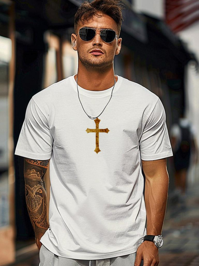  Men's Cotton Shirt Graphic Tee Cross Crew Neck Clothing Apparel Other Prints Outdoor Daily Short Sleeve Crewneck Fashion Cool Daily Solid Color